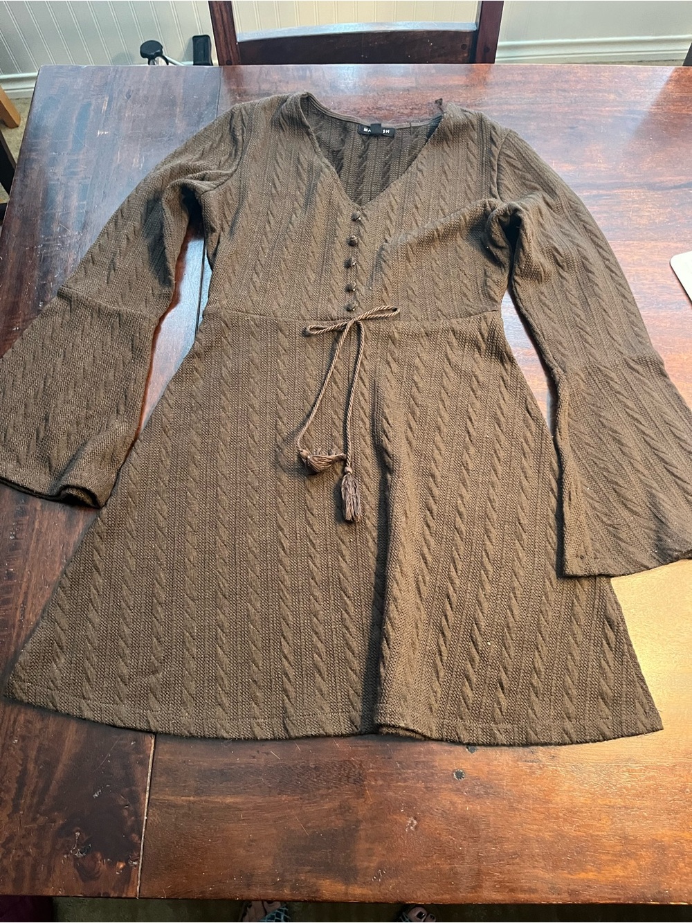 Women’s Brown V‑Neck Knit Dress with Waist Tie